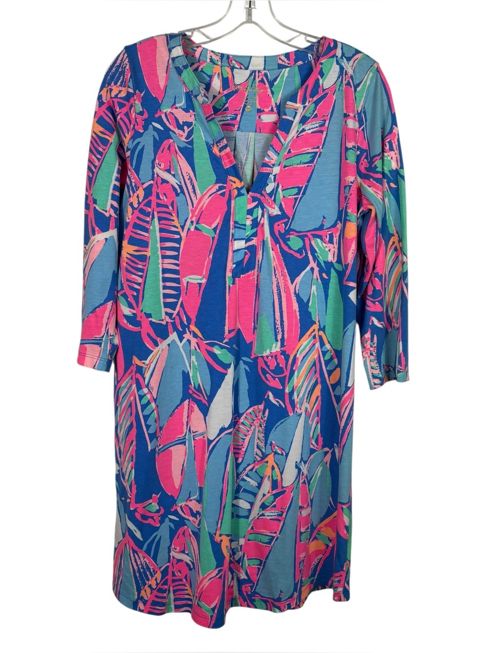 Lilly Pulitzer Ali Dress Out to Sea 3/4 Sleeve Cotton Dress Colorful Cotton M